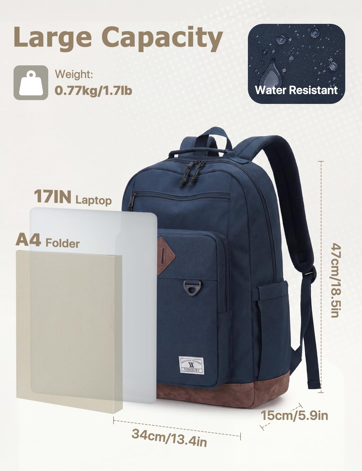 VX VONXURY Sac à Dos Homme Sac a Dos Ordinateur pour 15,6/17 Pouces Sac a Dos Femme Travail avec Multi-Poches Voyage pour Cartable College pour École - 16L