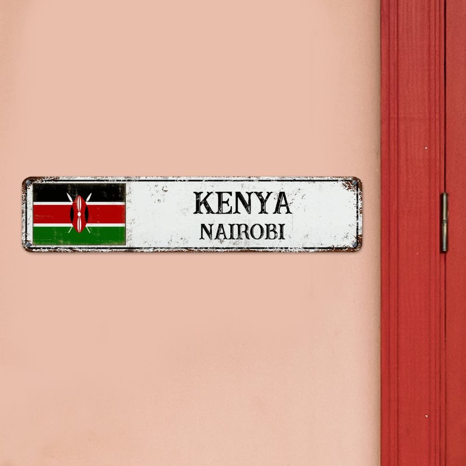 WoGuangis Kenya National Flag Metal Plaque Tin Sign City City Retro Vintage Wall Sign Country Souvenir Aluminum Art Signs Quality Metal Sign for Street Front Porch 18X4In