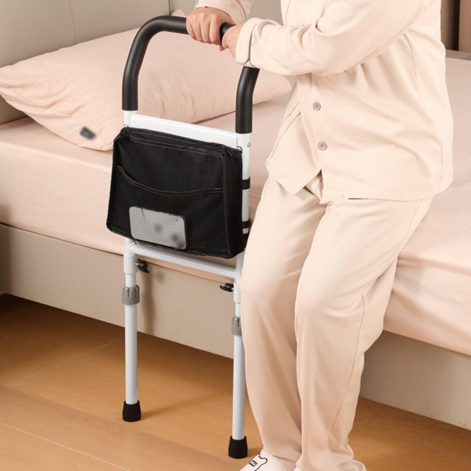 de Cama para Ancianos Asidero Protector Soporte con Bandeja y Luz Nocturna con Agarre Curvo Cómodo y Puntos de Apoyo, con Luz Y Mesa - Barandilla De Cama Elevable