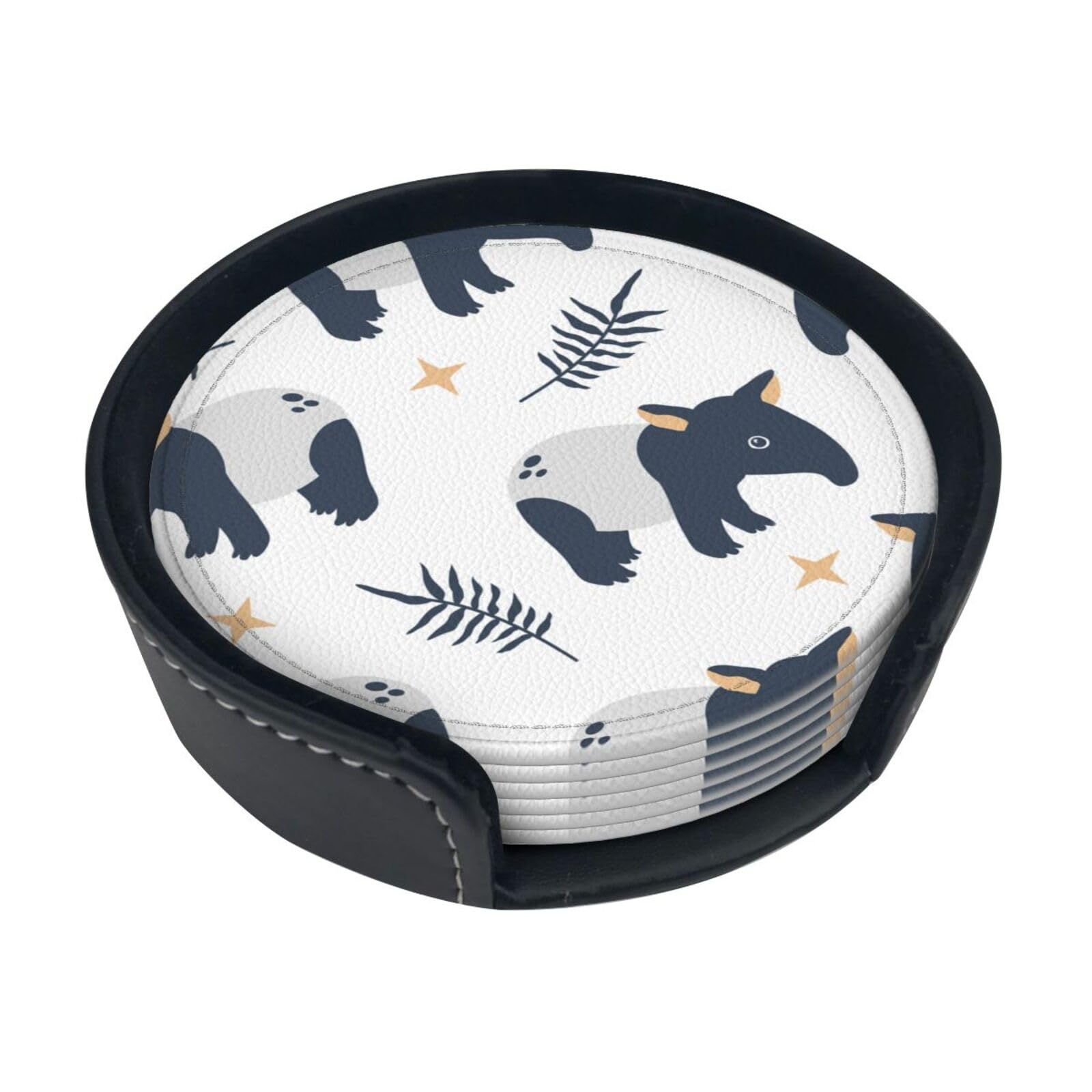 Poadnly As Picture Malayan Tapir,Set Of 6 Round Coasters, Pu Leather Drinks Coasters With Holder For Home Office Kitchen