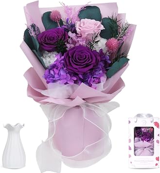 Mother's Day Purple Preserved Roses with Vase - Forever Flowers for Mom - Elegant Royal Purple Rose Bouquet Gift - Long Lasting Floral Arrangement for Her - Birthday Gift Set