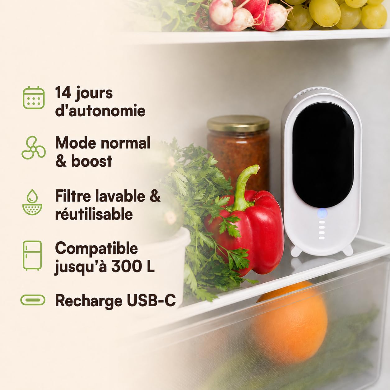 Purificateur d'air pour Réfrigérateur, Prolonge la Fraîcheur des fruits et légumes, Neutralise les Odeurs, Filtre Lavable, Rechargeable USB-C