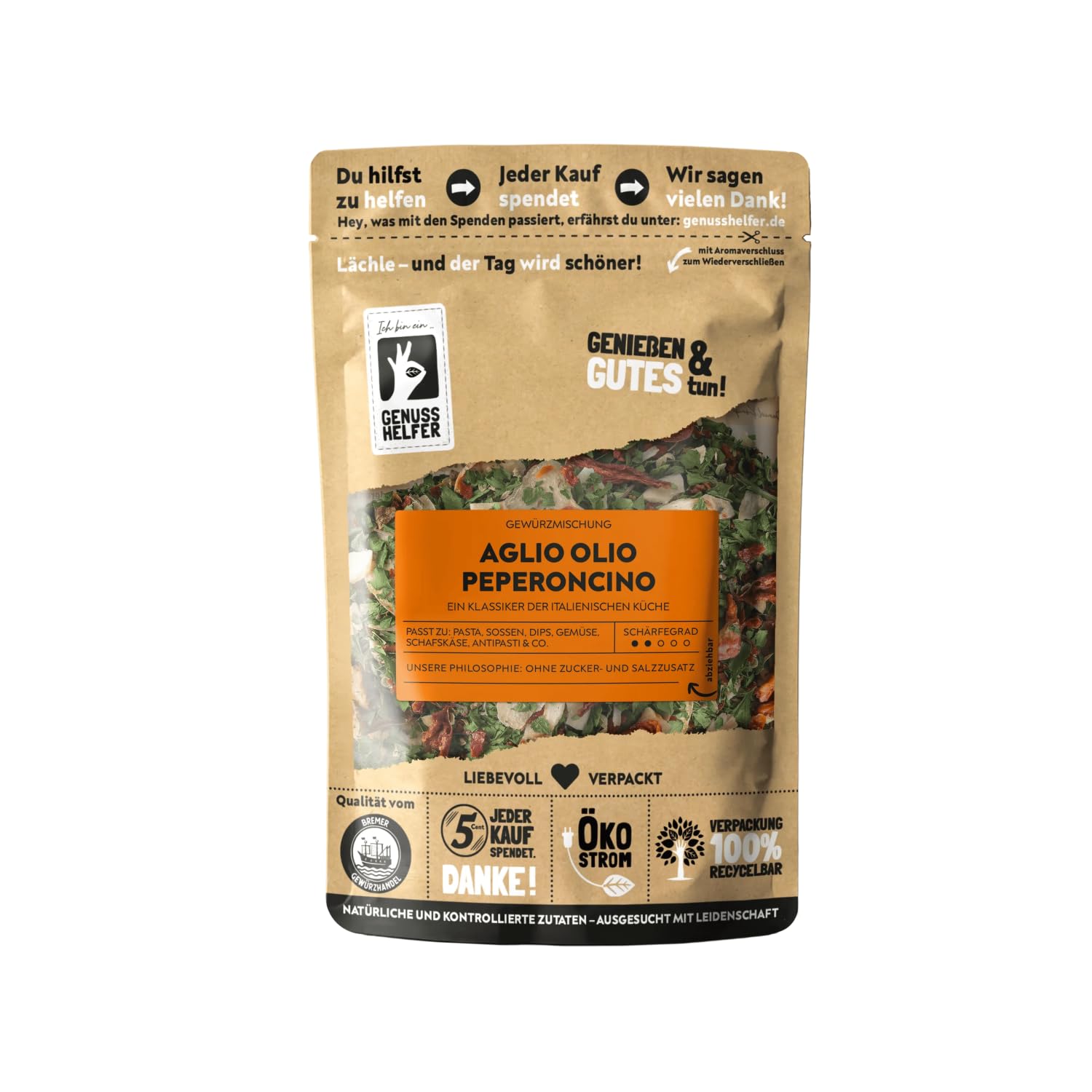 Bremer Gewürzhandel Aglio Olio Peperoncino, grob, Gewürzmischung italienischer Art für klassische Pasta und mediterrane Küche, 100g