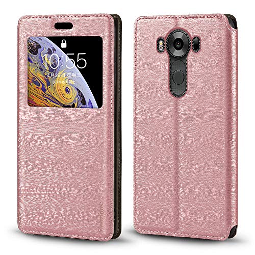 Shantime Viewable Window Leather Flip Case Compatible with LG V10, Elegant Design Clear Display Invisible Magnetic Cover and Card Slot(Rose Gold)