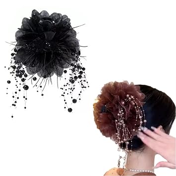 1pc Large Hair Claw Clips with Oversized Floral Bows Beaded Tassel Pearls Hair Clips Accessroies for Women Girls Thick Hair Black