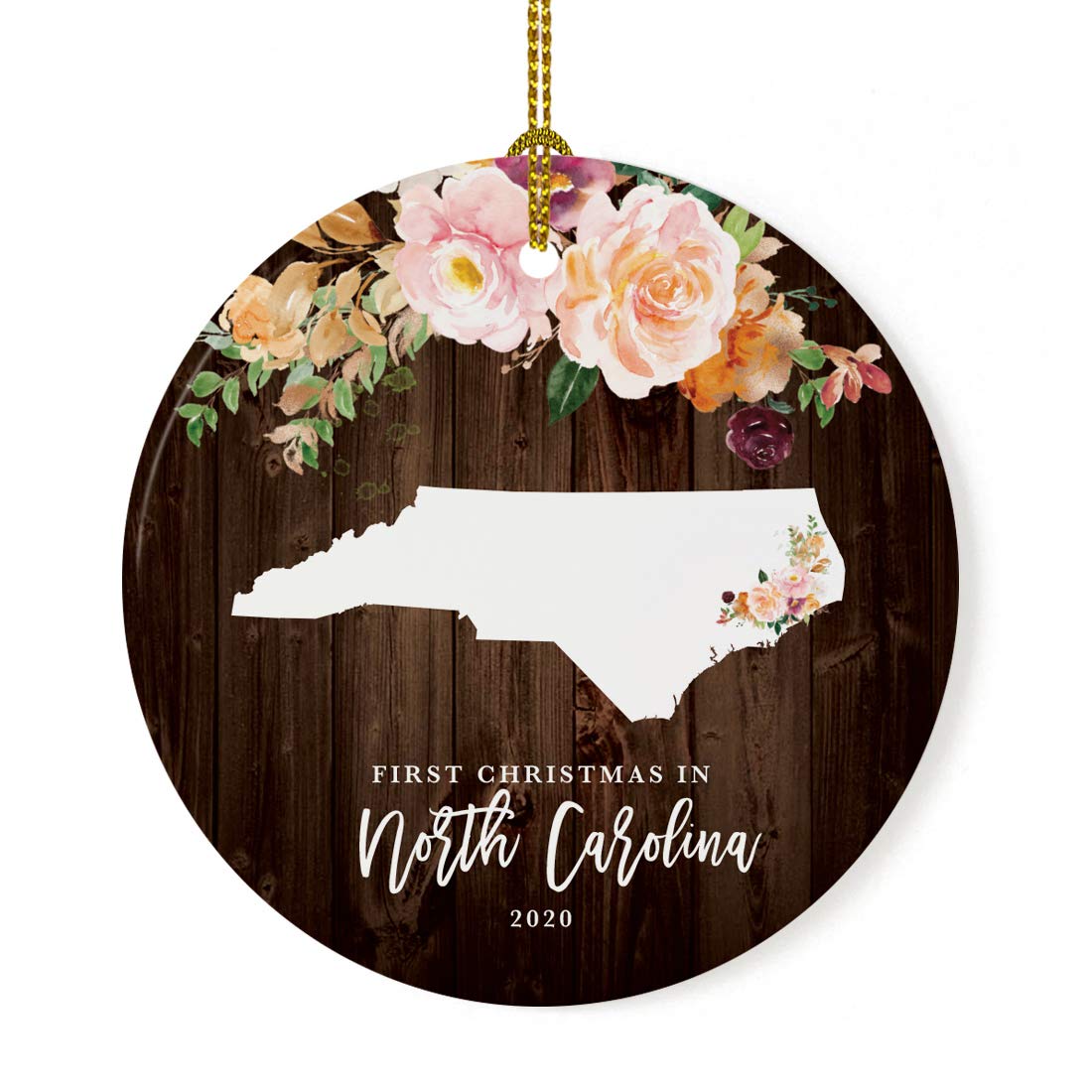Andaz Press Custom Year Round Ceramic Porcelain Christmas Tree Ornament US State Gift, Rustic Wood Peach Floral, First Christmas in North Carolina, 1-