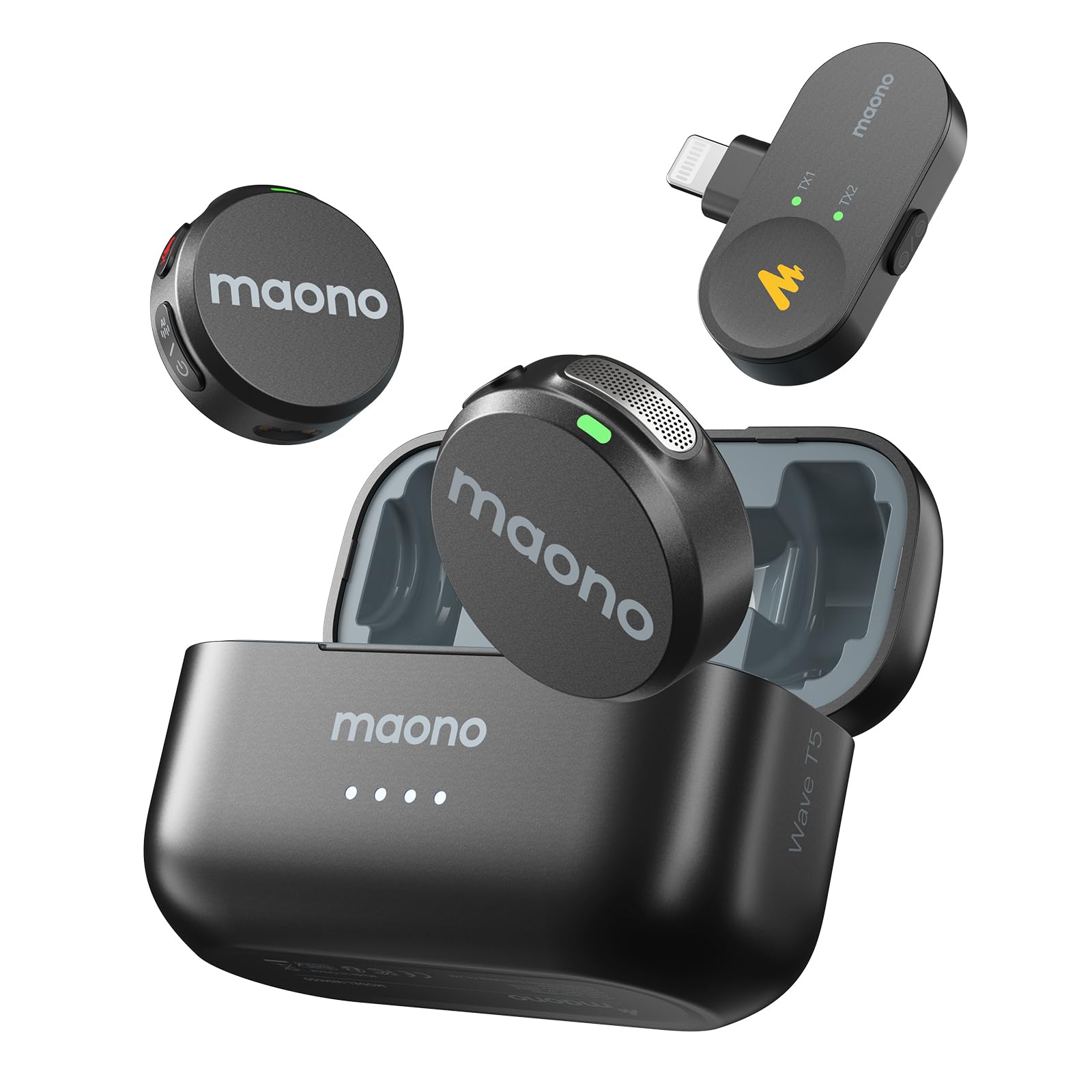 MAONO Wireless Lavalier Microphone for iPhone 14 &amp; Below, MFi Certified Lightning Plug, 48KHz 24Bit, 1000ft Range, Voice Filter, Noise Cancellation, 30H Use for Video Recording, Streaming - Wave T5