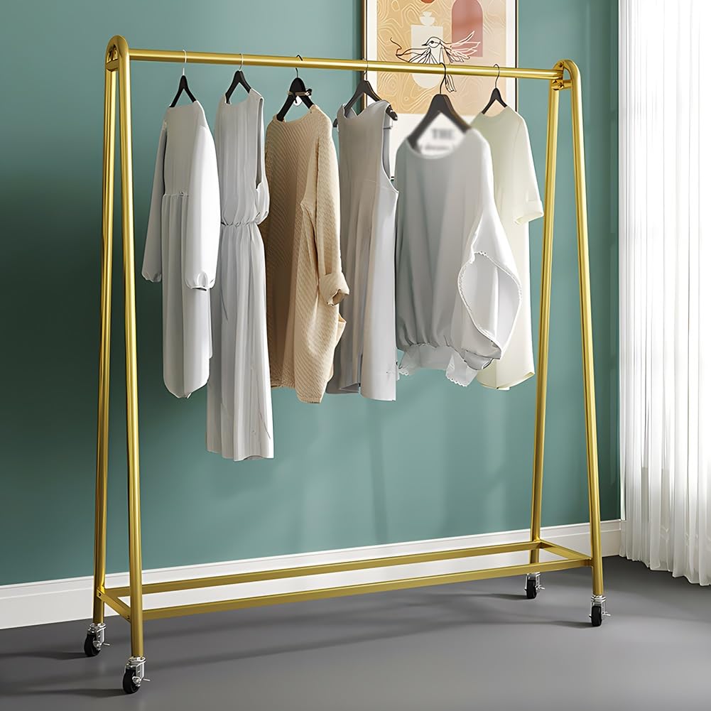 JKJZSALJ Metal Clothing Racks For Hanging Clothes, Floor Garment Hanger With Wheels, Heavy Duty Retail Display Rack, For Home And Clothing Store,Gold,100x40x135cm
