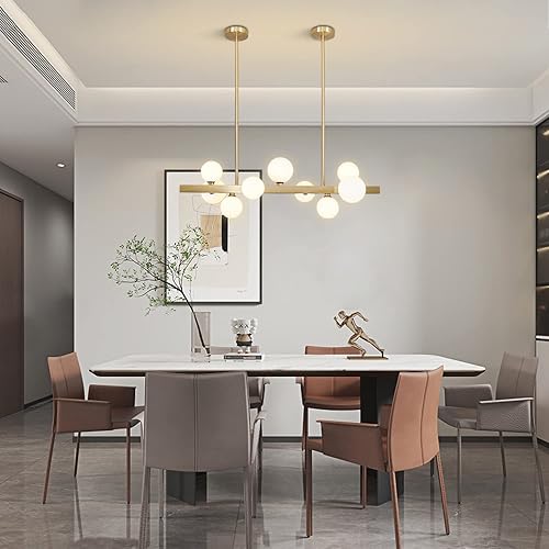Miniatura 6 de BOKT Lámpara rectangular dorada moderna de mediados de siglo, 9 luces, globo lineal, lámpara colgante de techo, lámpara redonda de vidrio blanco