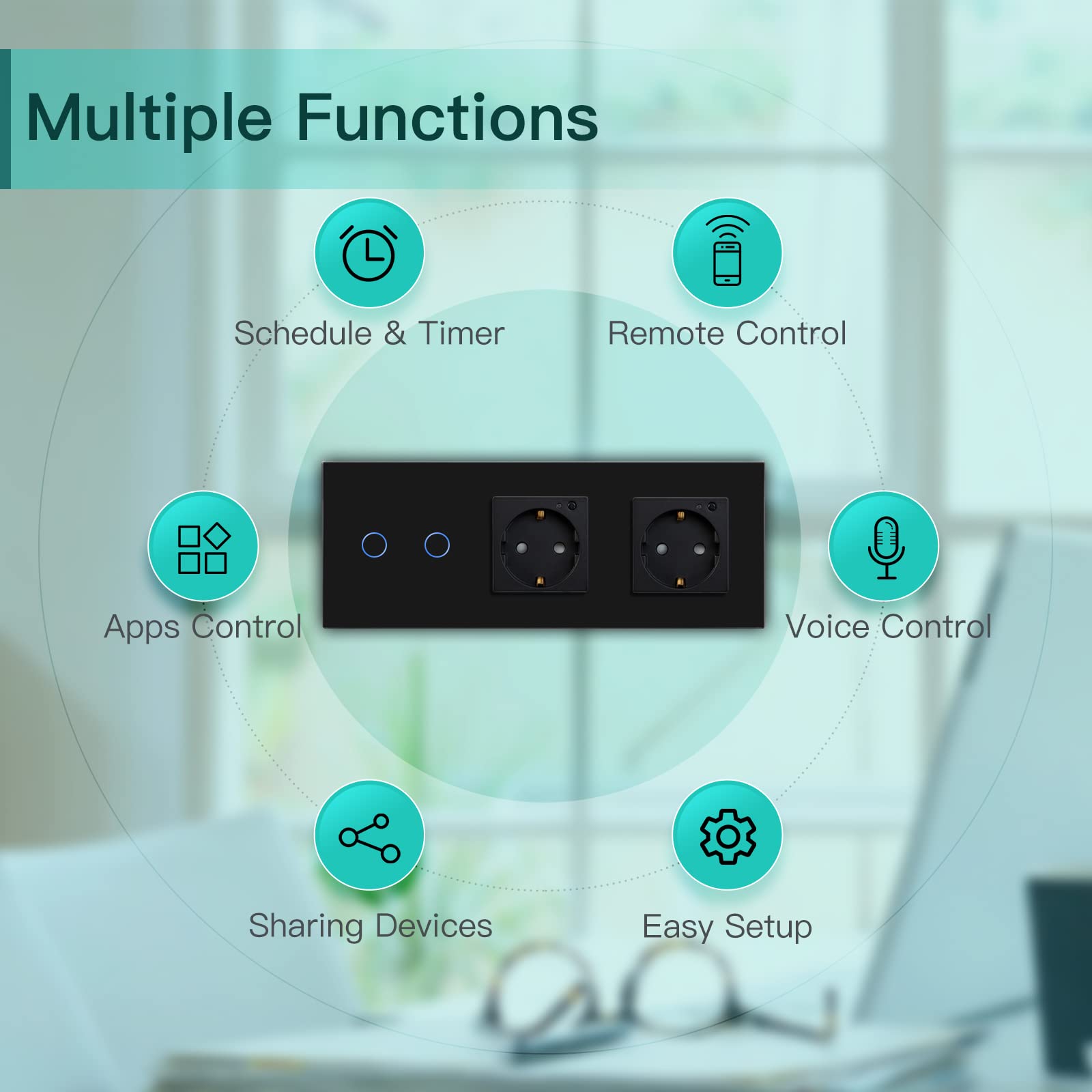 BSEED Interruttore della luce Smart Touch Alexa, con doppia presa WiFi, 2 vie, 1 via (neutro richiesto), lavoro con Tuya Alexa/Google Home, nero