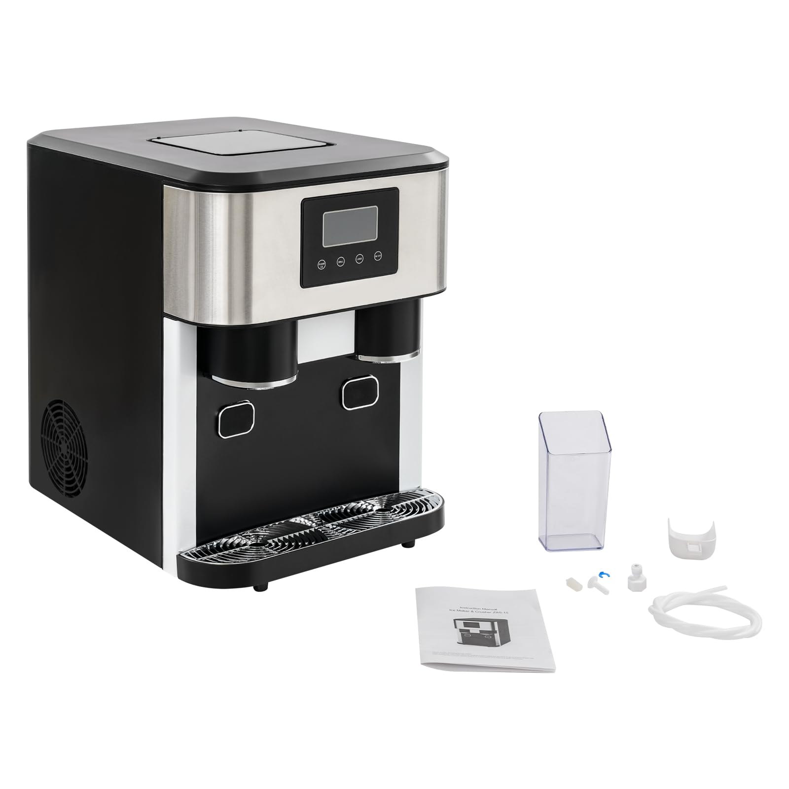 Macchina per ghiaccio 3 in 1, multifunzione, da tavolo, 240 V, con finestra di visualizzazione, cubetti di ghiaccio, ghiaccio tritato, acqua fredda, ciclo di 7-9 minuti, display LCD, in acciaio inox