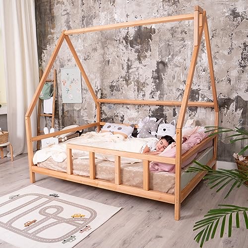 BUSYWOOD Full size Bed Frame, Montessori Bed, Toddler Bed Full, Wooden bed for Kid, House Full Bed (Model 1, Legs&Slats, Full size, Natural color)