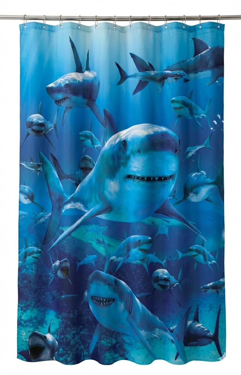 Kikzi® Luxury Hotel Quality Fabric Shower Curtain, Soft-Touch Woven Textile with 12 Hooks, Mould Proof & Water Repellent, 180x180cm, Machine Washable (Shark Frenzy)