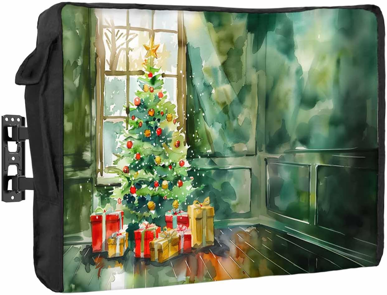 Christmas Tree Outdoor TV Cover 40"-43" - 600D Waterproof TV Cover Weatherproof TV Screen Protector Dustproof Winter Xmas Balls Snow Green TV Display Protector for Outside Flat Screen TV