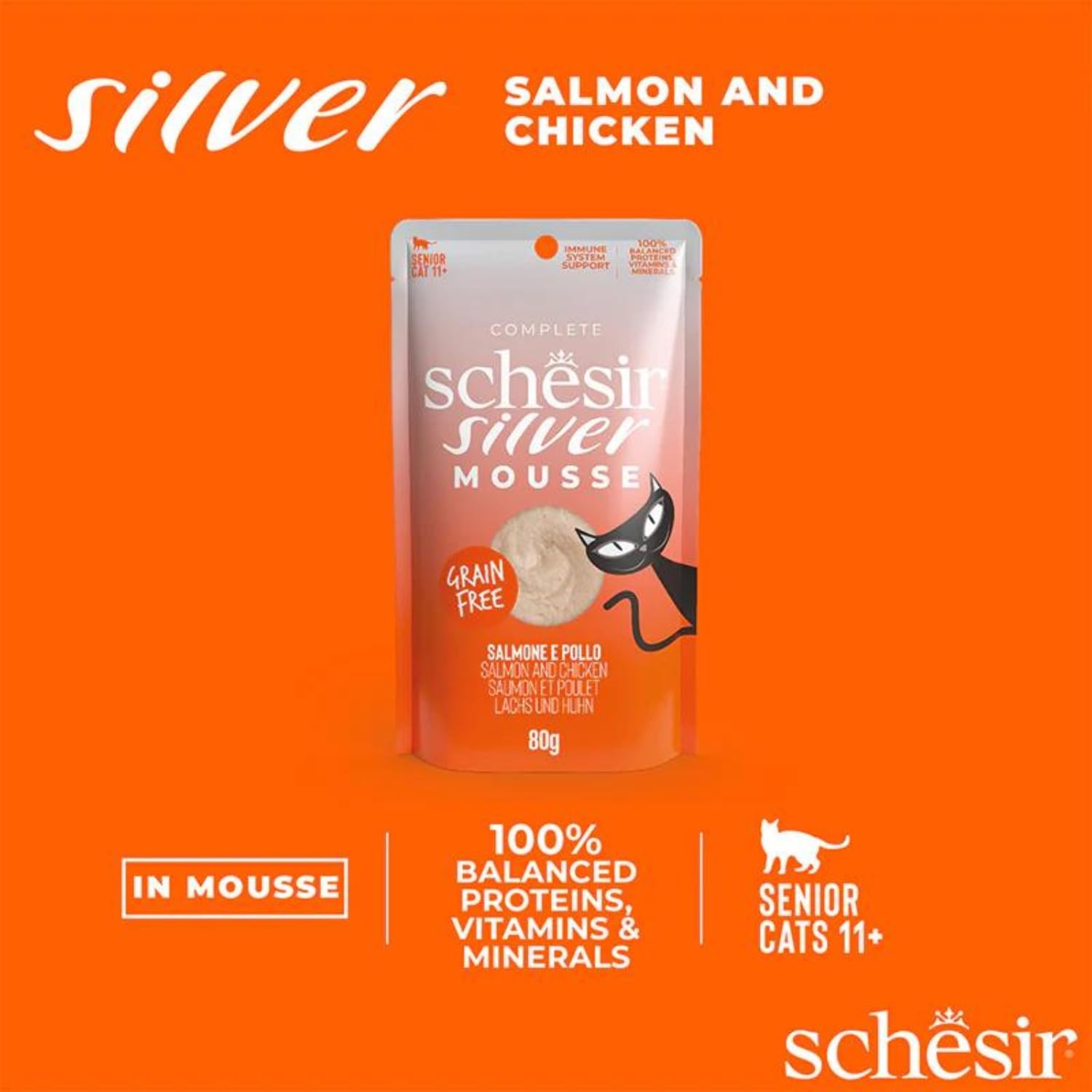 Schesir Silver, Salmón y Pollo En Mousse, Alimento Húmedo Completo para Gatos Mayores, Sin Cereales, Apoya El Sistema Inmunitario, Rico En Hidratación, 12 X 80g (Paquete de 3)