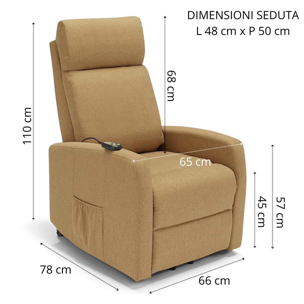 REDÒKASA Poltrona relax elettrica Seattle Plus per anziani, 1 o 2 motori, 2 o 4 ruote, Kit Optional Batteria, dimensioni contenute, tessuto antimacchia (2 Motori e 4 Ruote + Batteri, Ambra)