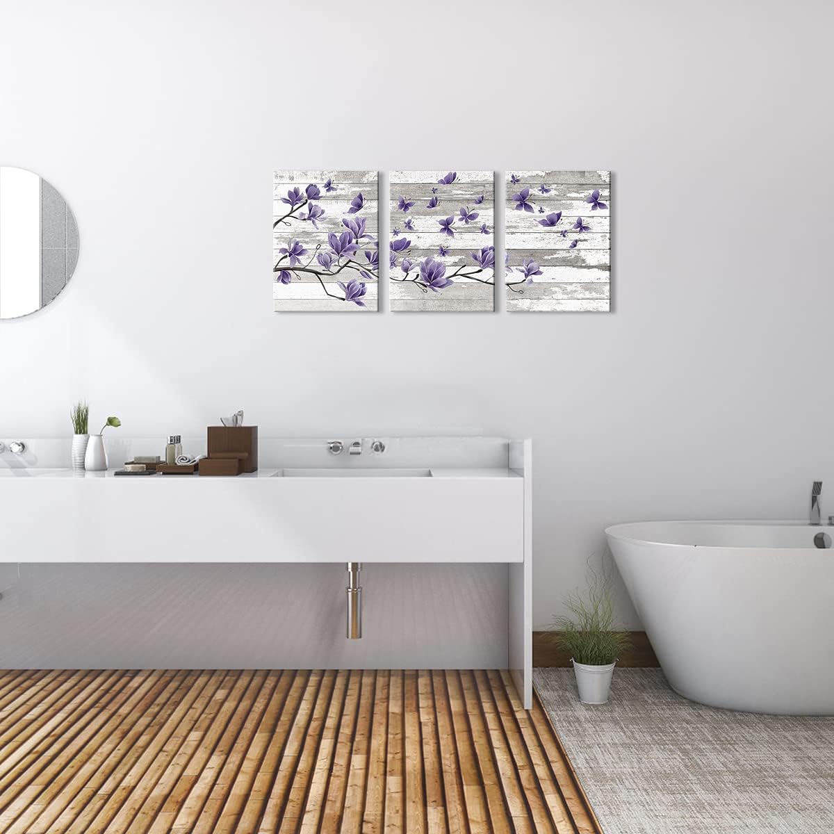 Kalormore Rustic Flower Picture Canvas Wall Art Purple Magnolia Floral with Butterflies Retro Farmhouse Wooden Textured Painting Artwork for Bedroom Living Room Bathroom Decoration Gift