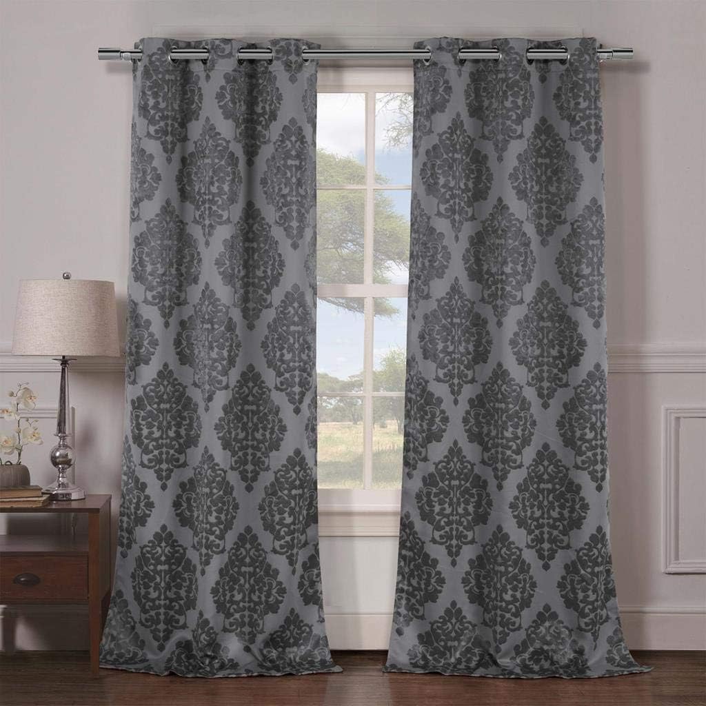 Blackout365 - Catalina Medallion Linen Textured Blackout Room Darkening Grommet Top Window Curtains Pair Panel Drapes for Bedroom, Living Room - Set of 2 Panels - 38 X 84 Inch - Grey