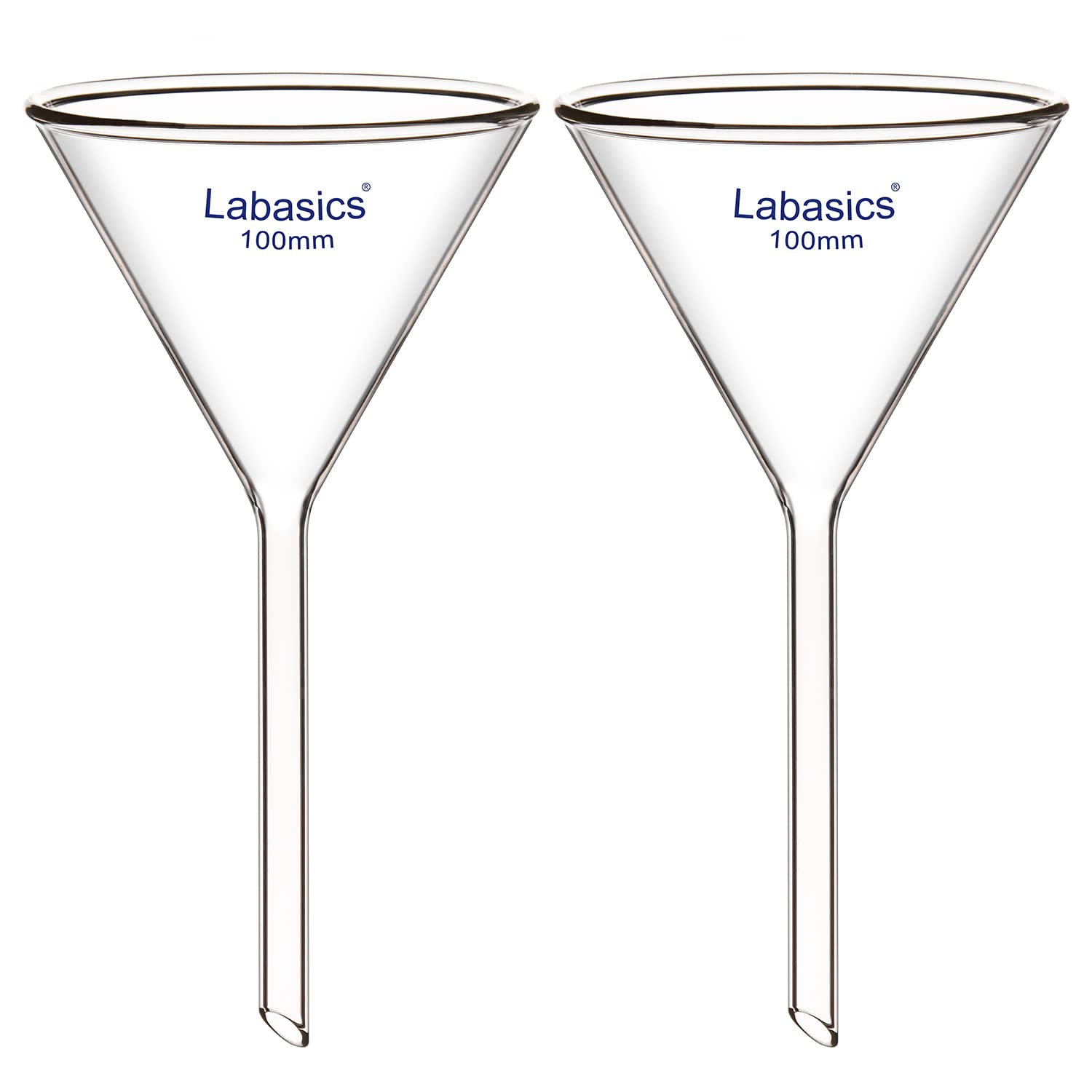 Labasics Borosilikatglas Trichter, 2er-Pack Schwere Glaswand Trichter Glass Funnel Kurzer Stiel 100 mm Durchmesser, 100 mm Stiellänge