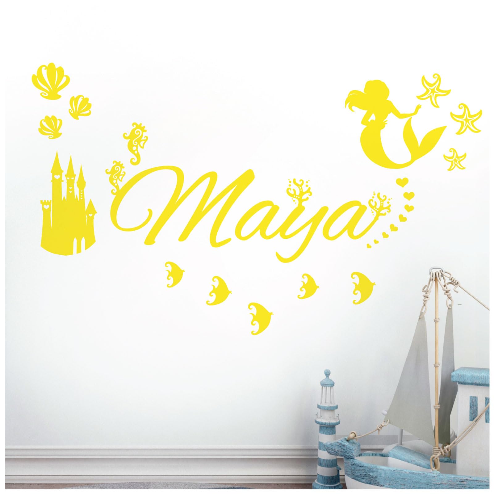 Personalised Name - Little Mermaid Inspired, Ocean, Castle, Starfish - Children's Bedroom Vinyl Wall Decal Sticker [Medium] [Lemon] — image 1