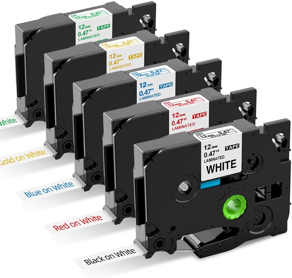 TZ Tape Compatible with Brother TZe Tape 12mm 0.47'' Laminated White P-Touch Label Tape for PTD220 PTH110 PTD210 PTD410 P Touch Label Maker Tape, Black/Red/Blue/Green/Gold on White, 5PK