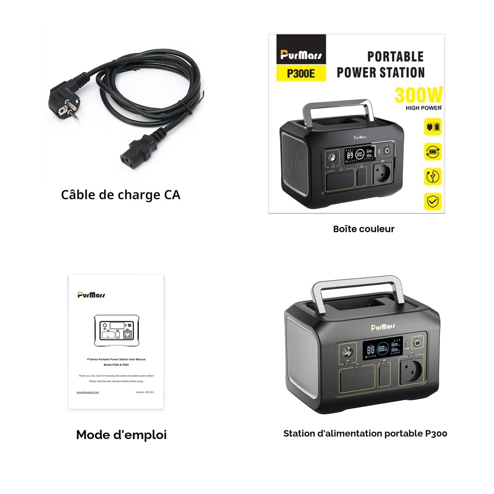 Power Station portable 300W (max. 500W), 288Wh, mémoire 230V AC USB-PD60W, lampe de poche LED, Lifepo4, générateur solaire extérieur, camping, alimentation d'urgence