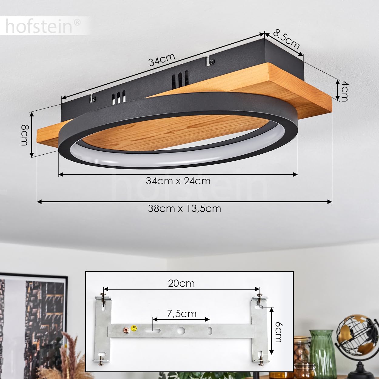 Lampa sufitowa LED Pompu, ściemnialna lampa sufitowa wykonana z metalu/drewna/plastiku w kolorze naturalnym/czarnym, ściemnialna, 1800 lumenów, 3000 K, 1 x LED 16 W