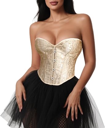VONMELLI Corset Tops for Women Lace Up Overbust Bustier Shapewear Lingerie Cosplay Costume Beige L