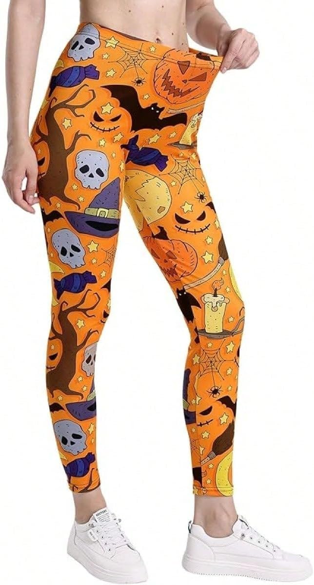 Womens Pants Hoween Leggings Pumpkin Ghost Skull Printed High Waist Womens Leggings Stretchy Yoga Pants