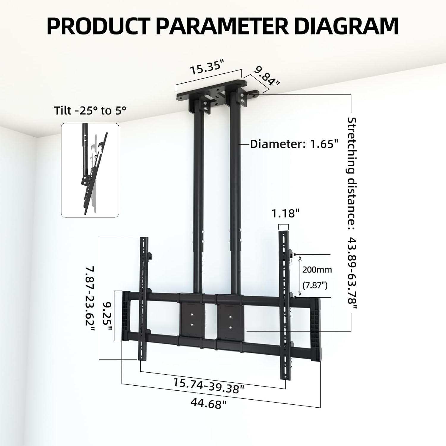 Ceiling TV Mount for 60-120 inch TVs, Double Pole Hanging Ceiling TV Bracket Hold up to 220 lbs, 20-Level Height Adjustable Ceiling Mount Fits LED LCD OLED 4K Screen, Max VESA 1000x600mm