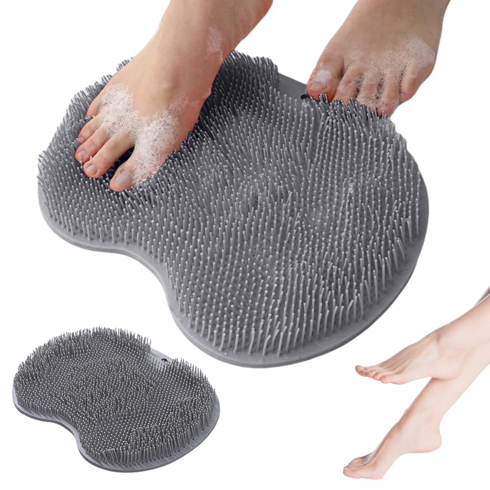 Shower Foot Scrubber Mat, 2025 New Foot Back Cleaning Pad Back Washer with Non-Slip Suction Cups, Wall Mounted Exfoliating Bath Wash Pad for Men and Women (Grey)
