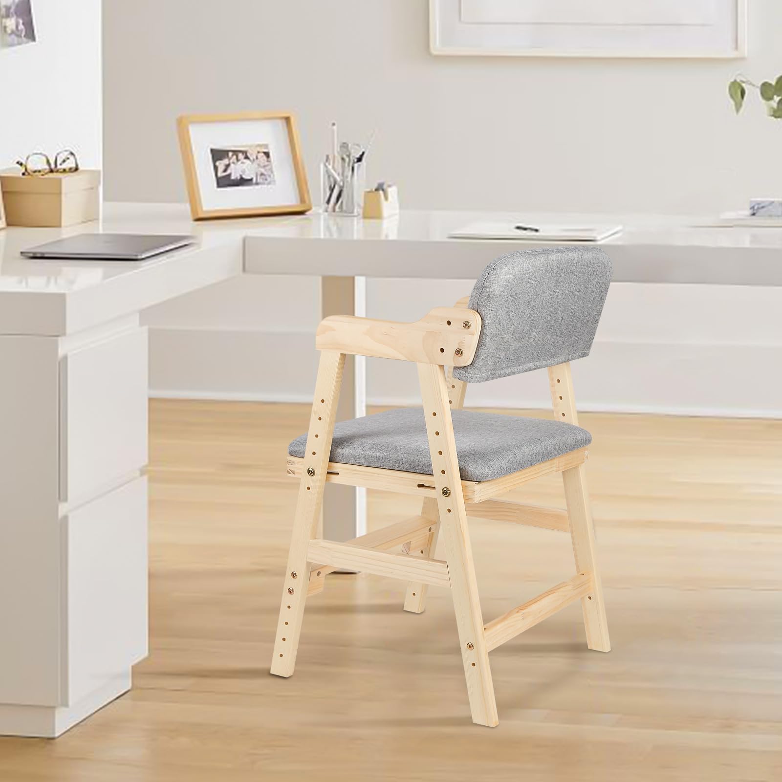 Höhenverstellbarer Holzhochstuhl für kinder von 2 bis 12 Jahren, Mitwachsender Kinderhochstuhl, Höhenverstellbar, hochstühle,bis 90 kg für Kinder und Erwachsener (48 x 46 x 78 cm – Grau (1 Stück))