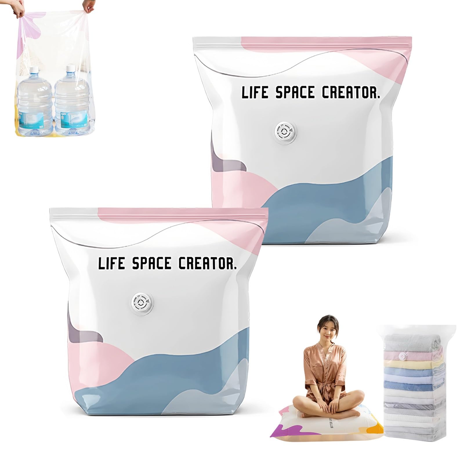 Thickened Better Life Space vacuum bag, reusable 3D vacuum storage bag without pump, waterproof vacuum bag clothing, seasonal storage effortless(M+M)