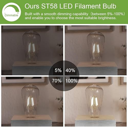 Miniatura 6 de Bombillas LED Edison vintage regulables con base E26, equivalente a 60 W, blanco natural 4000 K 800 lúmenes, bombilla de filamento ST58 con