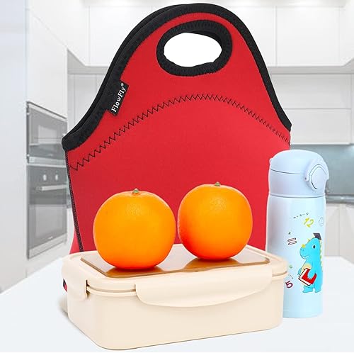 Miniatura 7 de FlowFly Bolsa de almuerzo de neopreno aislada térmica reutilizable para niños y hombres con cremallera (rojo)