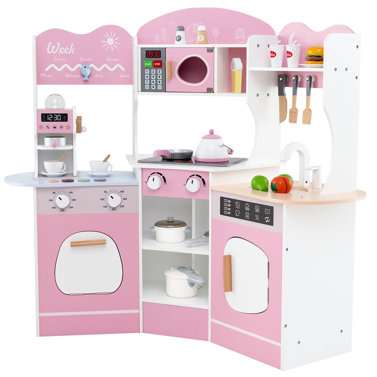 GYMAX Kids Corner Kitchen, Wooden Play Kitchen with Realistic Lights, Sounds, Coffee Maker, Microwave, Sink, Faucet & Utensils, Children Pretend Toy Kitchen Playset for 3+ Years Old (Pink)