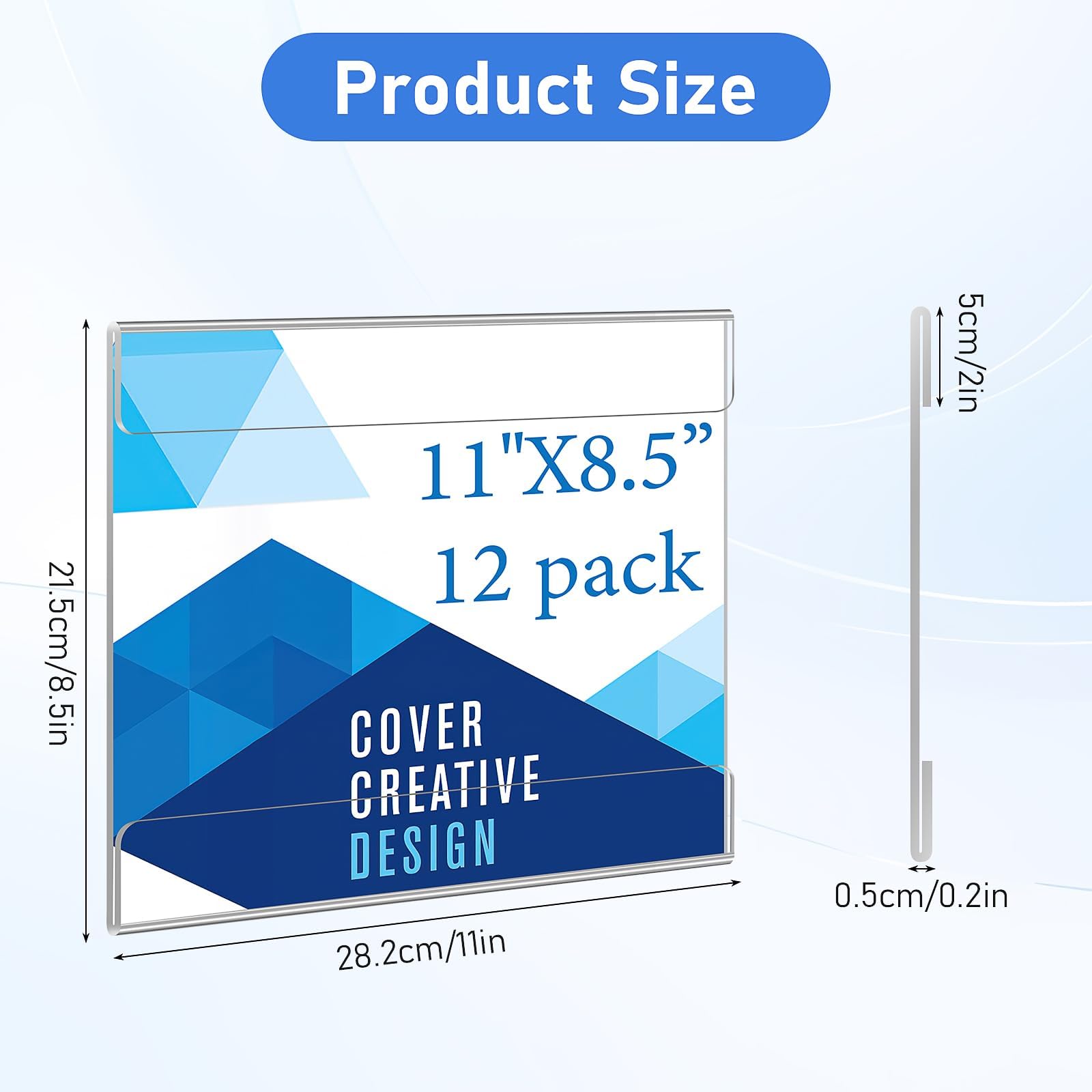 Confezione da 12 supporti da parete in acrilico per cartelli, 21 x 28 cm, orizzontali, per volantini, menù, volantini, espositori, cornici in plastica trasparente con nastro adesivo, per ufficio, casa