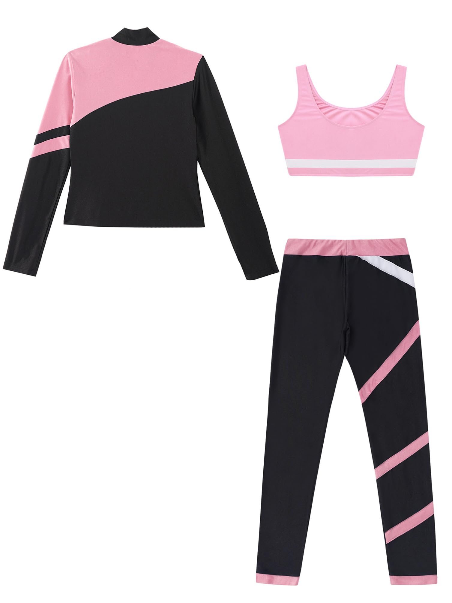 inhzoy Dziewczęcy strój do łyżwiarstwa figurowego zestaw odzieży sportowej z długim rękawem kurtka legginsy i Cropped Tank Top 3-częściowy dziecięcy strój do tańca