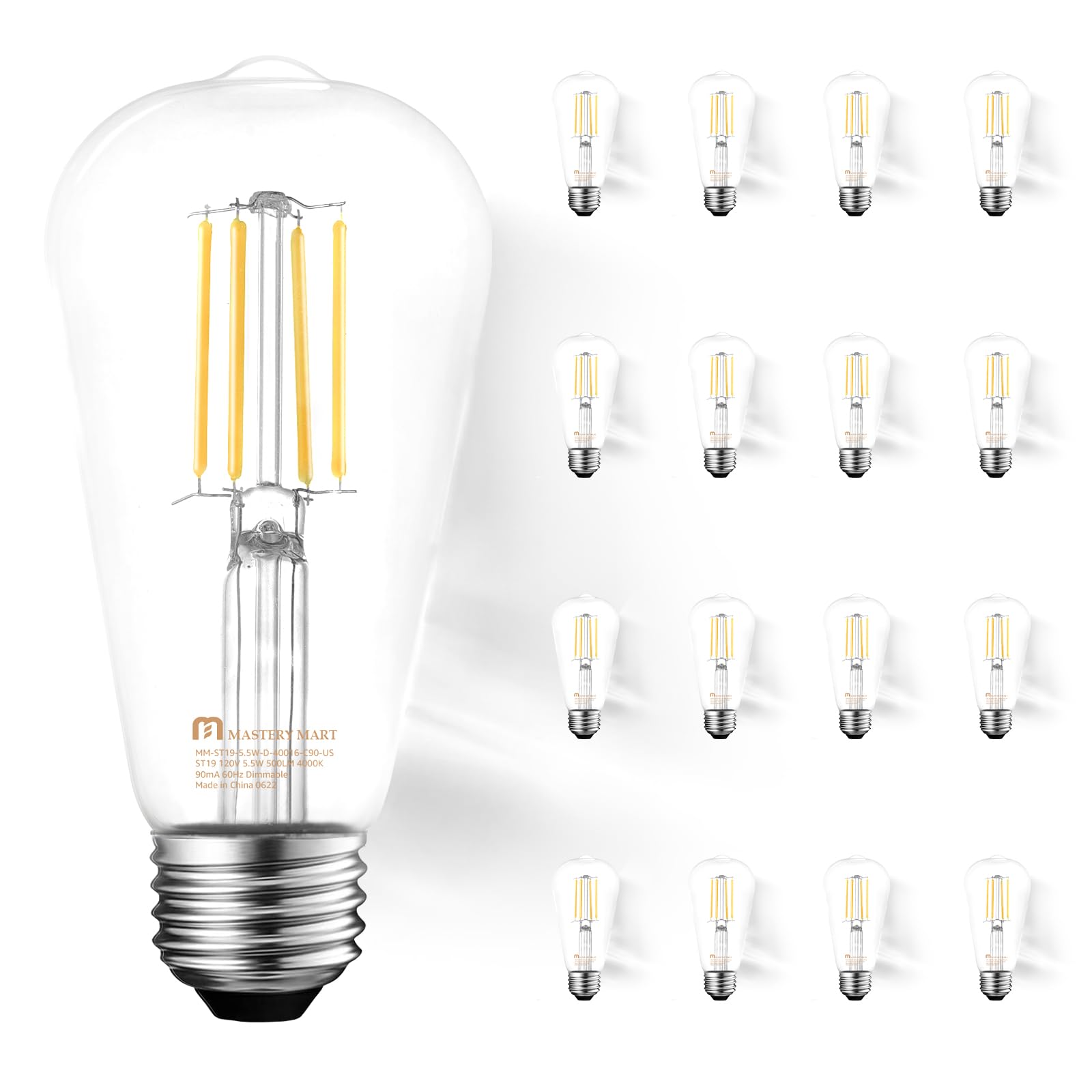 MASTERY MART16 Pack Edison Bulbs 60W Equivalent, Dimmable Vintage LED Light Bulbs, CRI 90+, E26 Medium Base, 4000K Natural White, ST19 ST58, 5.5W, Clear Glass
