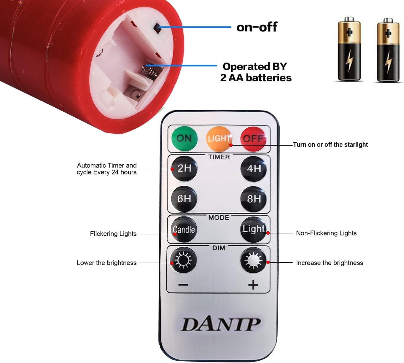 DANIP, candela rossa a LED senza fiamma con stringa Starlight incorporata, 3 candele LED, telecomando a 10 tasti, funzione timer 24 ore, fiamma danzante, vera cera, alimentazione a batteria.