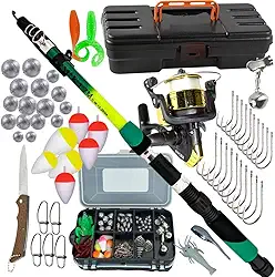 Kit de Pesca Completo com Vara Telescópica, Molinete com Linha, Caixa de Acessórios, Boias, Anzóis e Chumbadas – Ideal para Iniciantes e Pescadores Profissionais
