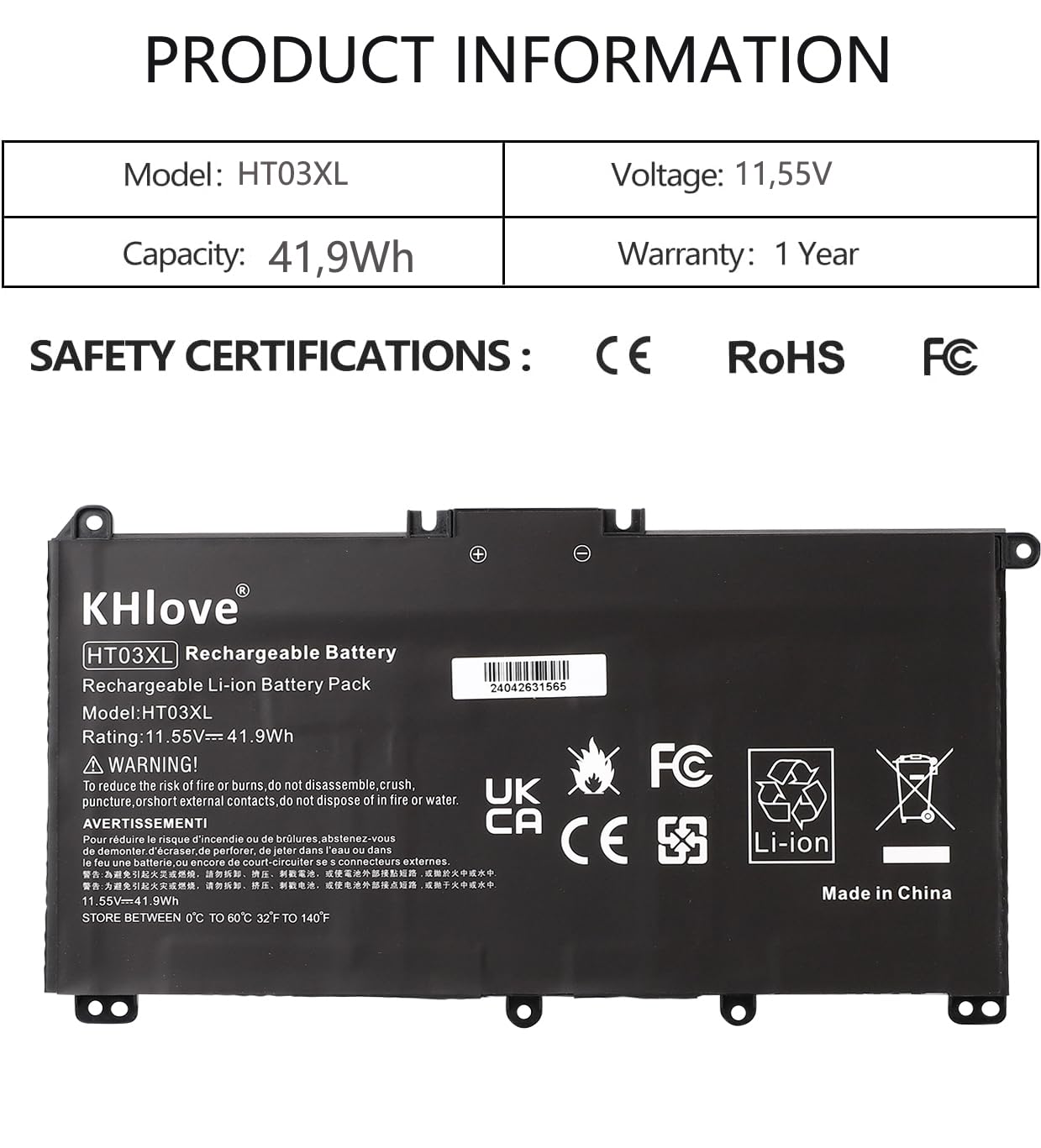 HT03XL L11119-855 Laptop Batteria per HP Pavilion 14-CD 14-CE 14-CF 14-CK 14-cm 14Q-CS 14Q-CY 14S-CF 14S-CR 15-CS 15-DA 15-DB 15-DW 15G-DR 17-by 17-CA L11421-542 L11421-2C2 HSTNN-LB8M DB8R