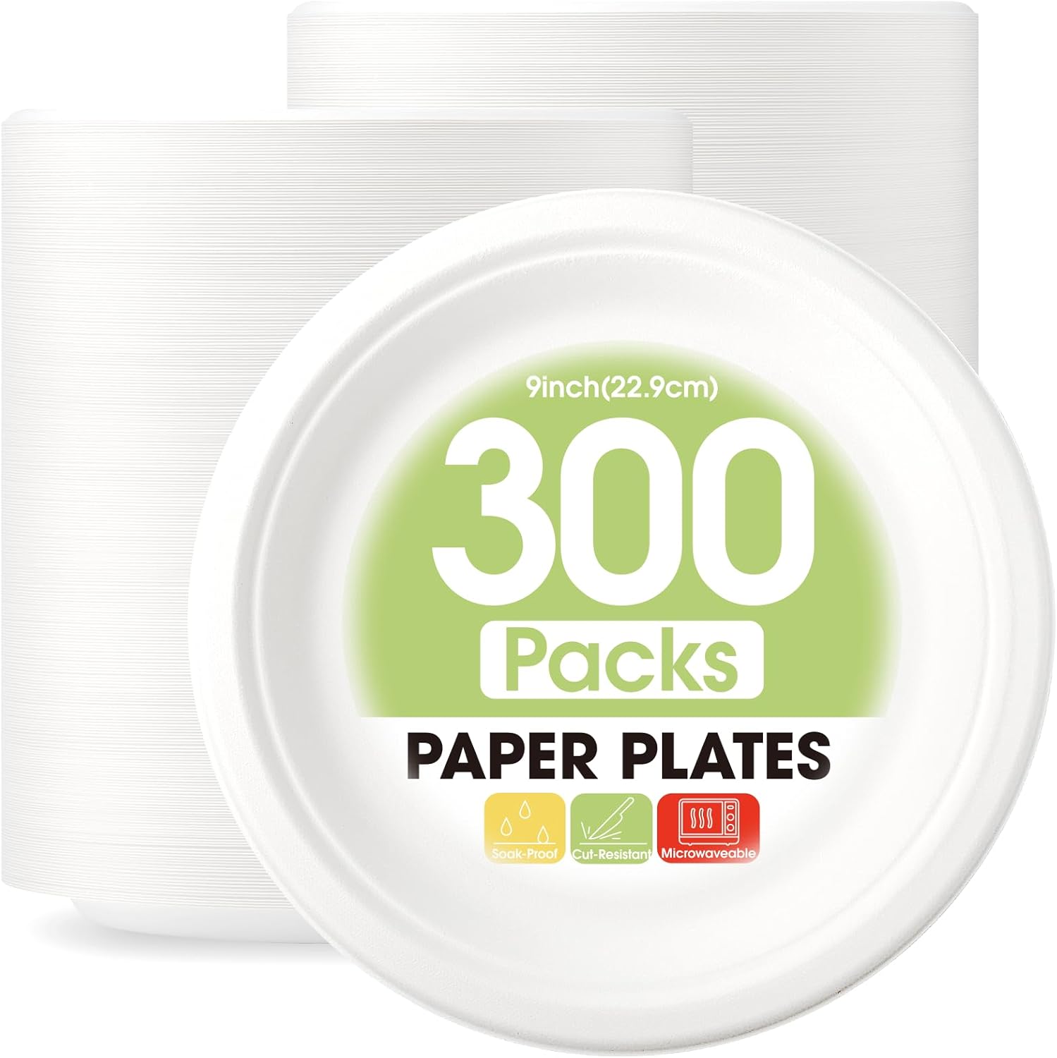 Pureegg Paper Plates 9 inch 300 Packs, 100 Compostable & Disposable Plates, Heavy Duty Paper