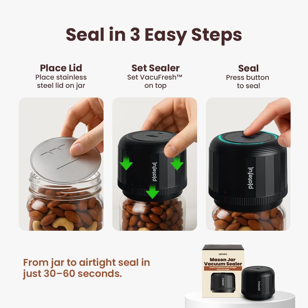 Plateful Kit de sellado al vacío eléctrico para tarros Mason Jar (tapas incluidas) para tarros de boca ancha y boca regular, sellador al vacío portátil, máquina enlatadora de almacenamiento de
