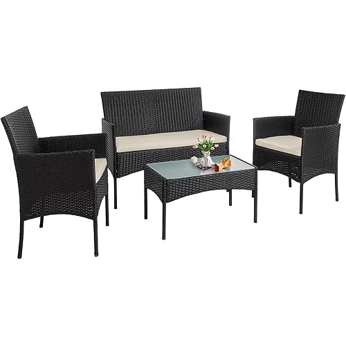 PROHIKER 4 Piece Outdoor Wicker Patio Conversation Furniture Set, Rattan Chair Wicker Sofa Garden Conversation Sets with Cushion and Glass Table for Yard Pool or Backyard, Black and Beige