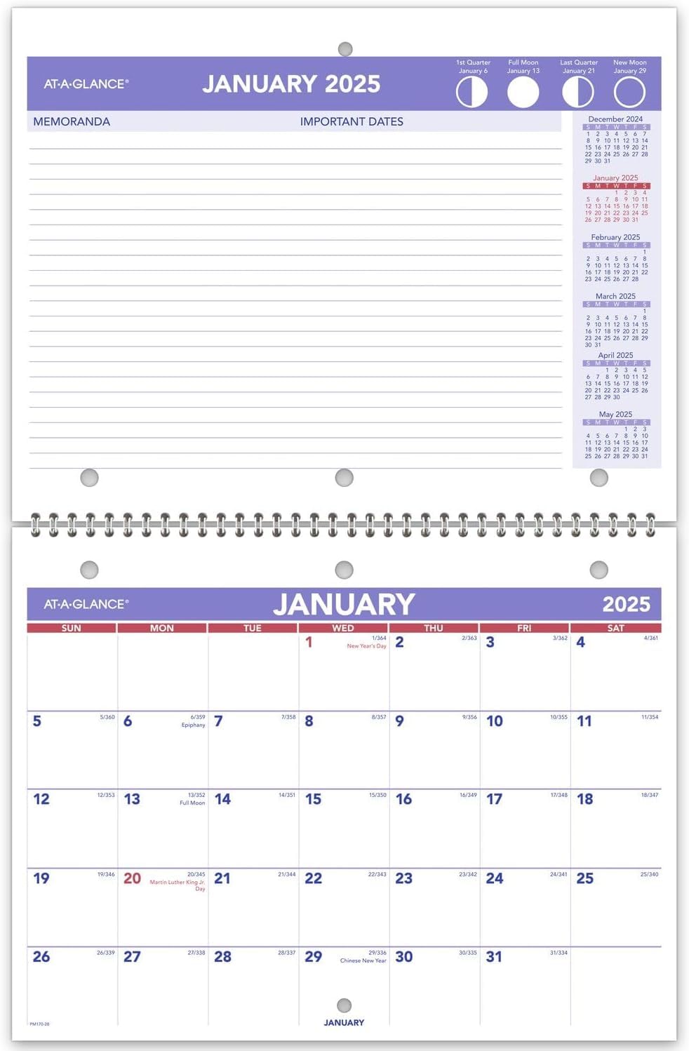 AT-A-GLANCE 2025 Wall Calendar,8-1/2" x 11",Small,Unruled Blocks,Monthly (PM1702825),(Pack of 12)