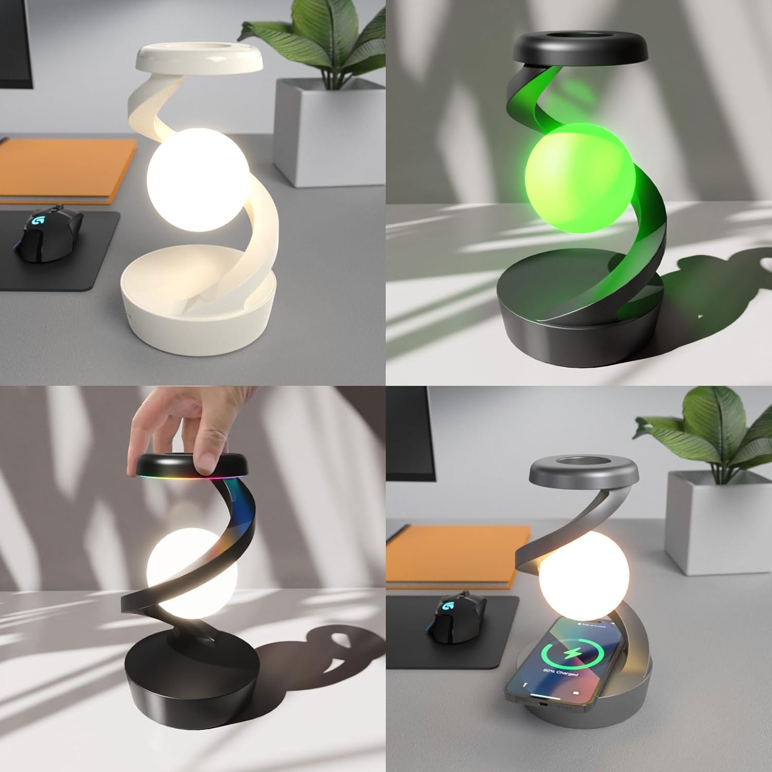 Lámpara de luna 3D levitante, flotando y girando 360 ° en el aire libremente, lámpara de mesita de noche en espiral con bola levitante LED inalámbrica, para dormitorio de oficina