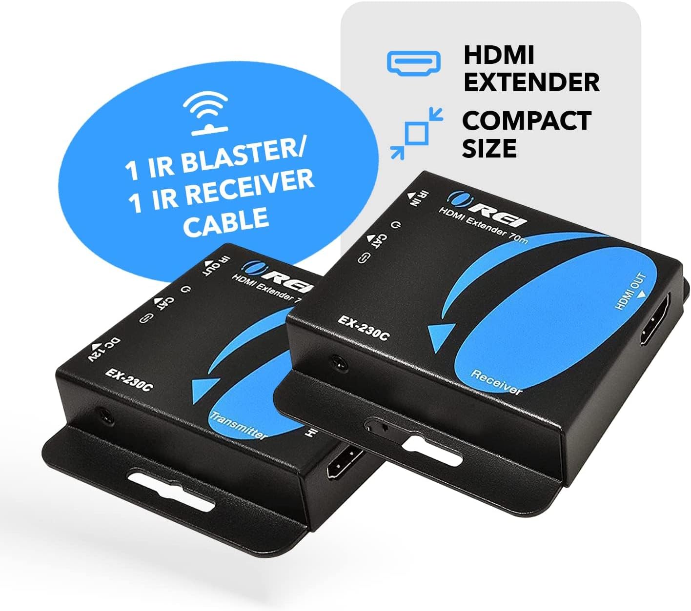 Technical specifications and compact size of the OREI EX-230C HDMI Extender units.