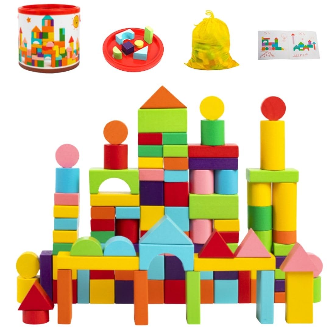 BAMBINATTI Bloques de Madera - Montessori para Niños - Juegode Construccion Educativo y Creativo para Bebés y Niños - Cubos de Madera - 100 Bloques de Madera - Montessori - Juego Original