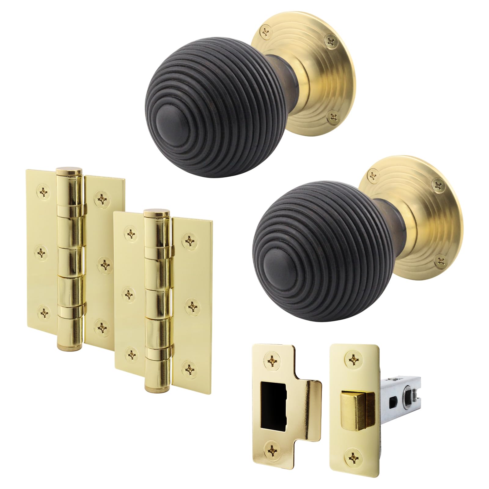 EAI Ebony Wood Door Knob Set | 1 Pair of Mortice Knobs (55mm), Latch (76mm) & Hinges (76mm) for Internal Doors
